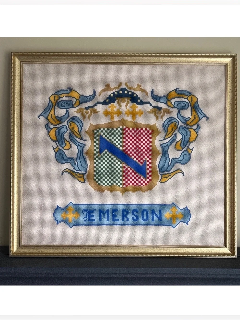 Stunning Emerson Crest Cross Stitch Professionally Framed 20.5” W x 18.5” Tall